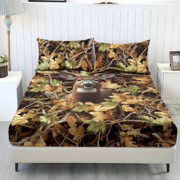 COEQINE 3 Piece Bed Sheets Set Soft Snug Fit Wrinkle Free Winter Bed Sheets Bottom Bedsheet & Pillowcases with Deep Pockets for Queen Size Bed, Deer Camo Hunting Leaf Yellow