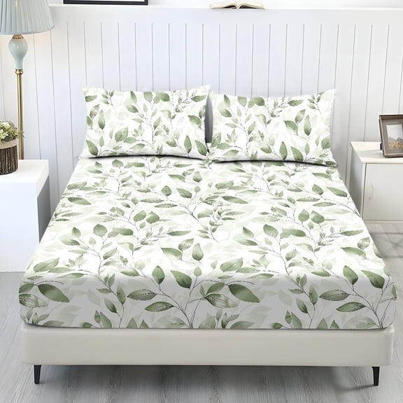 COEQINE 3 Piece Bed Sheets Set Soft Snug Fit Wrinkle Free Winter Bed Sheets Bottom Bedsheet & Pillowcases with Deep Pockets for Queen Size Bed, Green Leaf