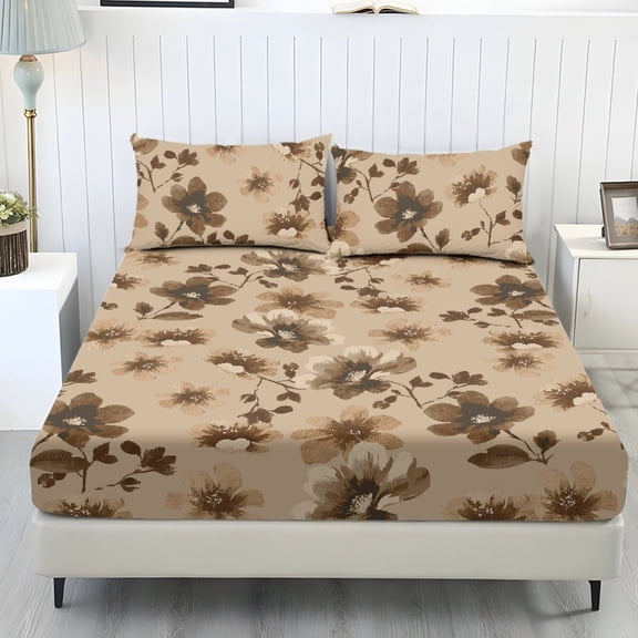 COEQINE 3 Piece Bed Sheets Set Soft Snug Fit Wrinkle Free Winter Bed Sheets Bottom Bedsheet & Pillowcases with Deep Pockets for Queen Size Bed, Retro Brown Floral