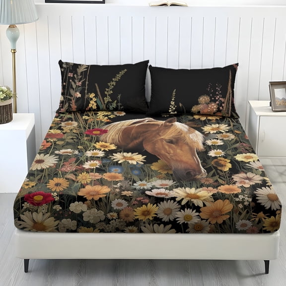 COEQINE 3 Piece Bed Sheets Set Soft Snug Fit Wrinkle Free Winter Bed Sheets Bottom Bedsheet & Pillowcases with Deep Pockets for Twin XL Size Bed, Brown Horse Floral