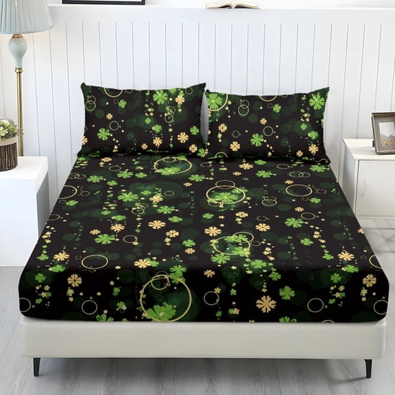 COEQINE 3 Piece Bed Sheets Set Soft Snug Fit Wrinkle Free Winter Bed Sheets Bottom Bedsheet & Pillowcases with Deep Pockets for Twin XL Size Bed, St Patricks Day Fashion Clover Circle