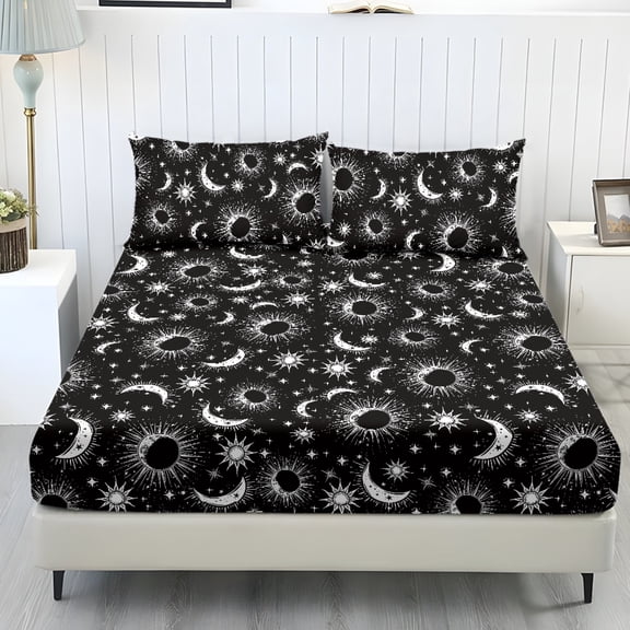 COEQINE 3 Piece Bed Sheets Set Soft Snug Fit Wrinkle Free Winter Bed Sheets Bottom Bedsheet & Pillowcases with Deep Pockets for Twin XL Size Bed, Sun Moon Star Black