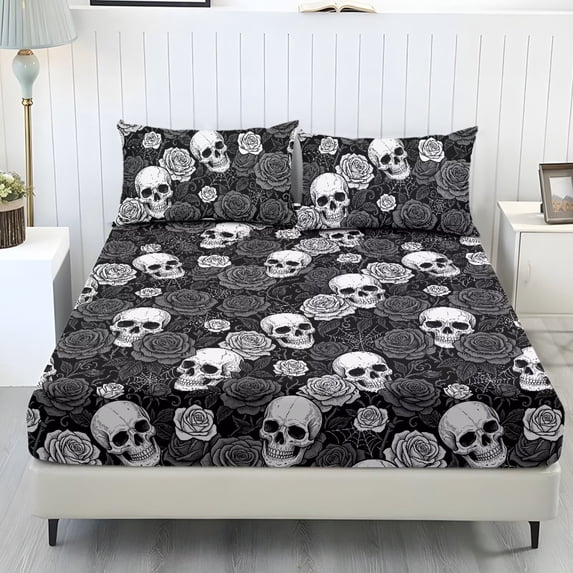 COEQINE 3 Piece Twin XL Size Bed Sheets Set Soft Snug Fit Winter Bed Sheets Bottom Bedsheet & Pillowcases with Deep Pockets for Halloween Decor, Gothic Skull Rose Gray