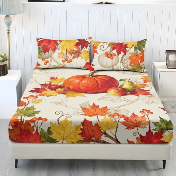 COEQINE 3 Piece Twin XL Size Bed Sheets Set Soft Snug Fit Wrinkle Free Winter Bed Sheets Bottom Bedsheet & Pillowcases with Deep Pockets for Autumn Decor, Fall Pumpkin Fruits Maple Leaf