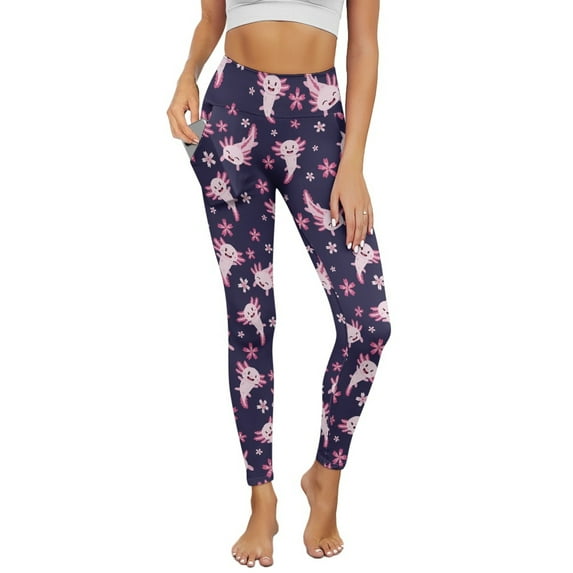 COEQINE 4-Way Stretch Yoga Pants for Women with Pockets Tummy Control High Waisted Buttery Soft Leggings Breathable Comfortable No See Through Tights, Axolotls Cherry Blossom Dark Violet, L