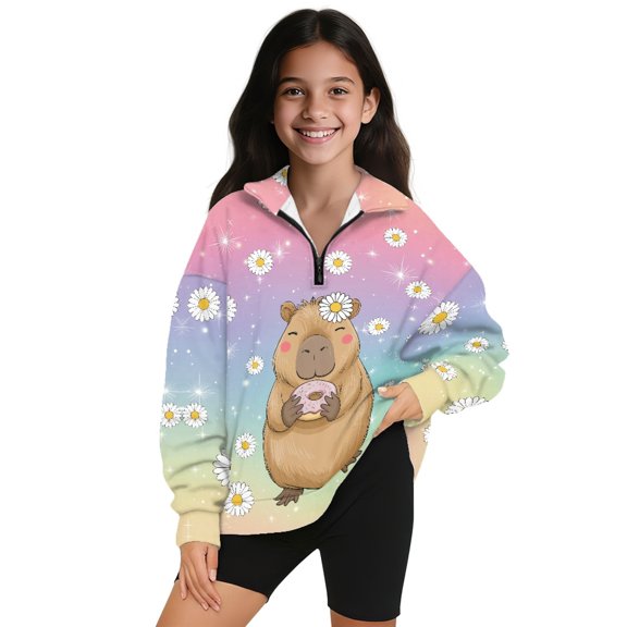 COEQINE Adjustable Quarter Zip Pullover for Girls, Long Sleeve Loose Fit Sweatshirt with Collar, Soft Polyester Machine Washable for Ages 9-10, Capybara Daisy Colorful