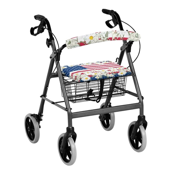 COEQINE American Flag Daisy Rollator Seat Back Cover Padded Seat Cover for Rollator Walker Rollator Walker Seat and Backrest Rollbar Covers Set of 2 Rollator Seat Cover Set 4 of July
