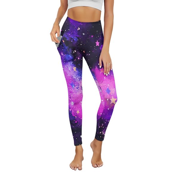 COEQINE Athletic Yoga Leggings for Women with Pockets Buttery Soft Tummy Control High Waisted Full-Length Gym Pants Star Violet Starry Sky Compression Hip Lift Casual Tights, XL