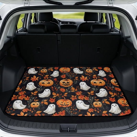 COEQINE Auto Boot Liner for SUV, All Weather Heavy Duty Cargo Liner Floor Mat Fashion Rear Trunk Cover Fits Most Car Models Halloween Decor, Universal Fit, Ghost Pumpkin Fall Leaf