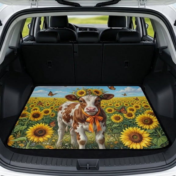 COEQINE Auto Trunk Liner for SUV, All Weather Heavy Duty Cargo Liner Floor Mat Fashion Rear Trunk Cover Fits Most Car Models, Universal Fit, Cow Sunflower Field