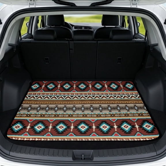 COEQINE Auto Trunk Mat All Season Rear Cargo Mat for Sedan SUV, Durable Non-Slip Back Seat Cover Protector Universal Fit Most Car Models, Aztec Geometric Brown Blue