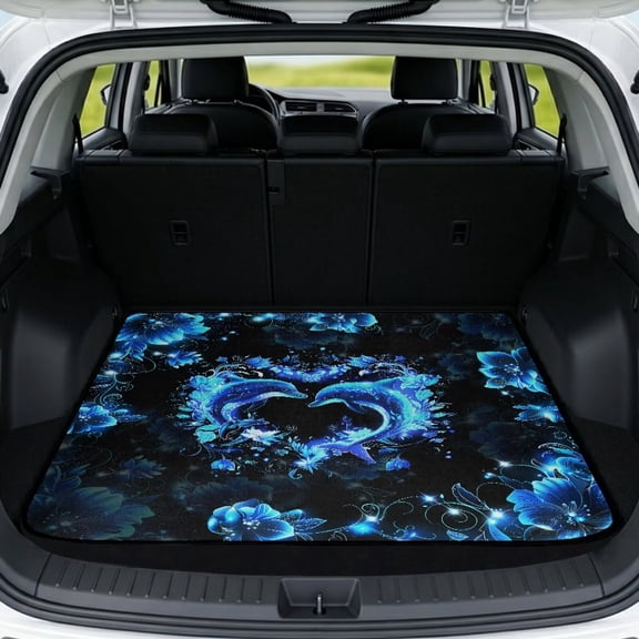 COEQINE Auto Trunk Mat All Season Rear Cargo Mat for Sedan SUV, Durable Non-Slip Back Seat Cover Protector Universal Fit Most Car Models, Blue Dolphin Floral