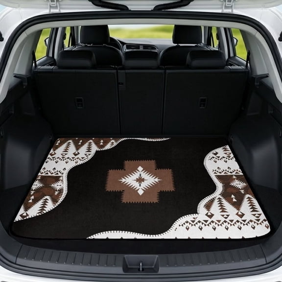 COEQINE Auto Trunk Mat All Season Rear Cargo Mat for Sedan SUV, Durable Non-Slip Back Seat Cover Protector Universal Fit Most Car Models, Southwest Aztec Brown Black