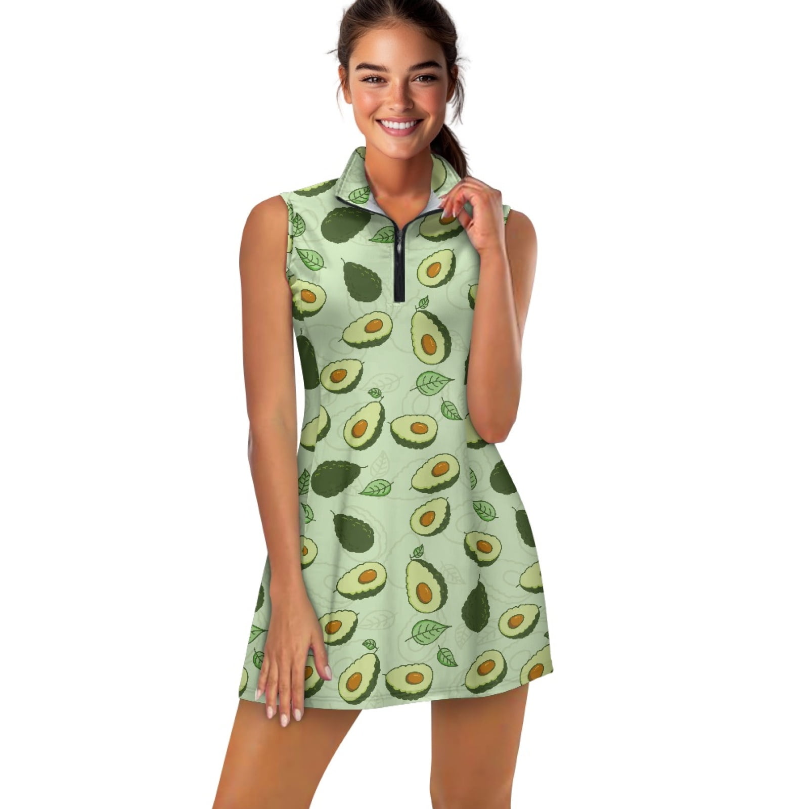 COEQINE Avocado and Leaf Green Print Women's Golf Dress with Collared Design Sleeveless Zip Up Sports Dresses with Built in Shorts and Pockets 2 Pieces Elastic Workout Outfits, S