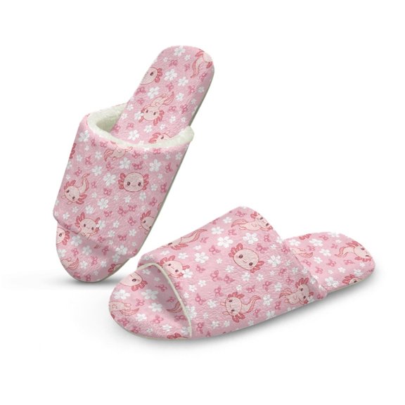 COEQINE Axolotl Cherry Blossom Pink Womens Fluffy Slippers Comfortable Mens Slippers Cute Fleece Open Toe Fleece Slides Winter Sandals Cute Indoor House Shoes for Bride Guest Ladies, 44-45