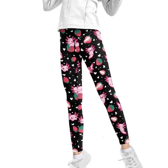 COEQINE Axolotl Strawberry Love Black Girls' Yoga Legging High Waist Sport Pants Buttery Soft Stretch Running Leggings, for 10-11 Years Kids Girls