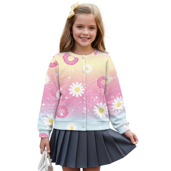 COEQINE Back to School Cardigan for Girls, Fun Print Lightweight Long Sleeve Sweater Alternative, Button Front Layer for Classroom & Playground, for 11-12 Years, Donut Daisy Pink
