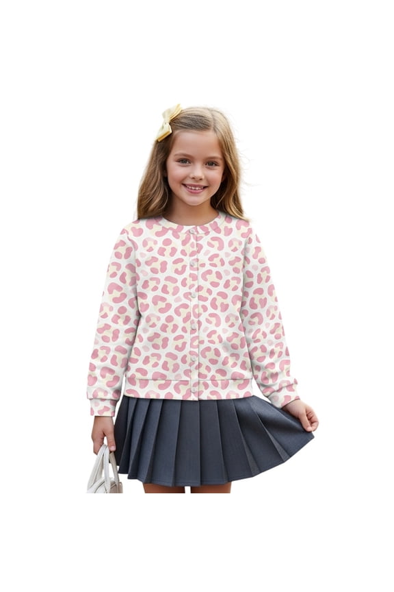 Back to School Cardigan for Girls, Fun Print Lightweight Long Sleeve Sweater Alternative, Button Front Layer for Classroom & Playground, for 13-14 Years, Leopard Print Pink Beige