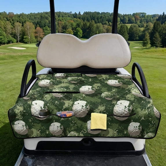 COEQINE Bag-Style Foldable Golf Cart Seat Cover, Compact Carry Design with Handle, Universal 51.2"x30.3" for Most 2-Seaters, Quilted Polyester, 4 Front Pockets, Golf Ball Green Camo