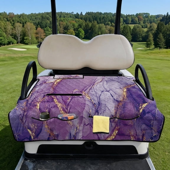 COEQINE Bag-Style Foldable Golf Cart Seat Cover, Compact Carry Design with Handle, Universal 51.2"x30.3" for Most 2-Seaters, Quilted Polyester, 4 Front Pockets, Purple Gold Marble