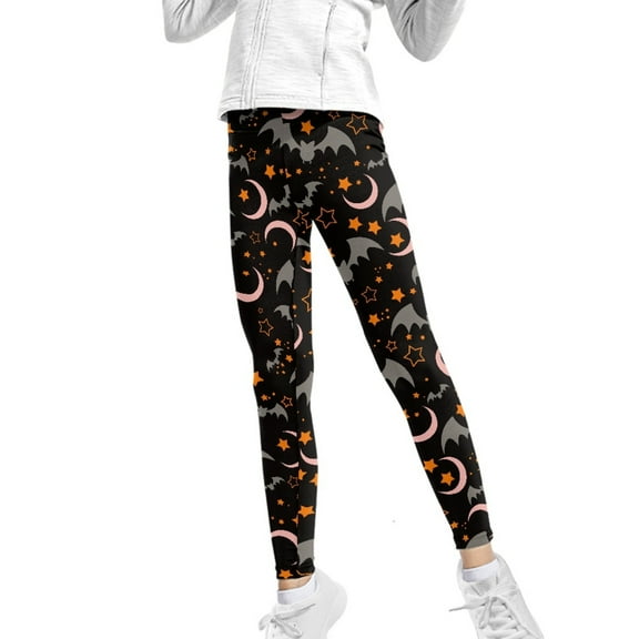 COEQINE Bat Moon Star Black Girls' Sport Legging, Buttery Soft Yoga Legging High Waist Pants for Jogging Gym, for 10-11 Years Kids Girls