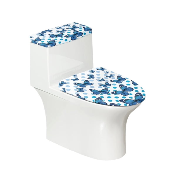 COEQINE Bathroom Toilet Lid Cover 2 Piece Set, Machine Washable Stretchable Easy Installation Toilet Lid Dust Cover Set for Indoor Decoration, Blue Butterfly Polka Dot