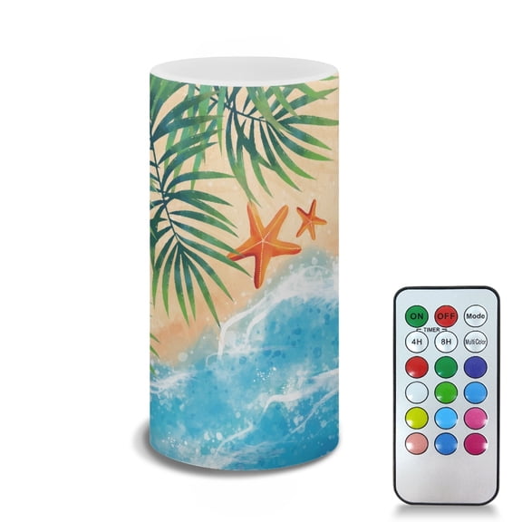 COEQINE Beach Starfish Palm Tree Flickering Flameless LED Battery Candles Pillar Candles Tealight with 18-Key Timer Remote with Colorful Light Safe for Indoor Outdoor Home Coastal Decoration