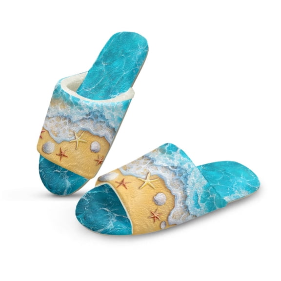 COEQINE Beach Starfish Sea Shell Fuzzy Slippers for Women Indoor Warm Winter Fluffy Slides Trendy House Slippers Open Toe Machine Washable Slip On House Sandals for Men Ladies, 46-47