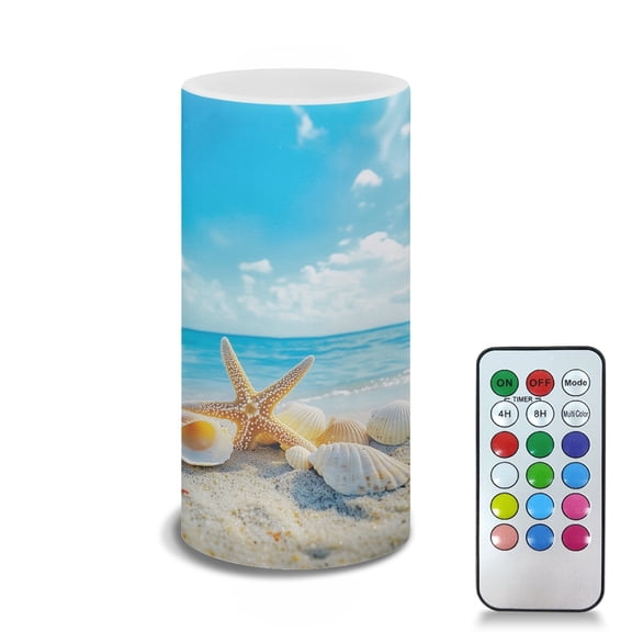 COEQINE Beach Starfish Seashell Blue Sky LED Flameless Candles Battery Operated Candles with Remote Control Timer Flickering Wick Pillar Candles for Coastal Home Bathroom Outdoor Decor