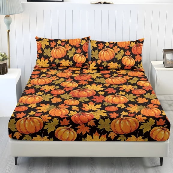 COEQINE Bed Sheets Set 3 Piece Full Size Bedding Sheet Set, Comfort Easy Care Long Lasting Bedsheet & Pillowcases for Full Size Bed for Autumn Home Decor, Fall Pumpkin Maple Leaf