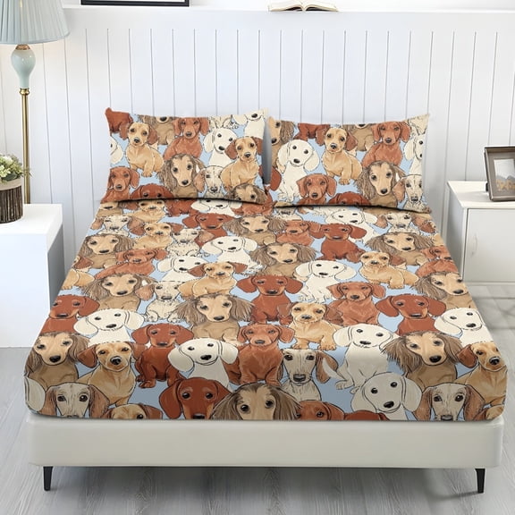 COEQINE Bed Sheets Set 3 Piece Full Size Bedding Sheet Set, Comfort Easy Care Long Lasting Bedsheet & Pillowcases for Full Size Bed for Women, Dachshund Puppy Print