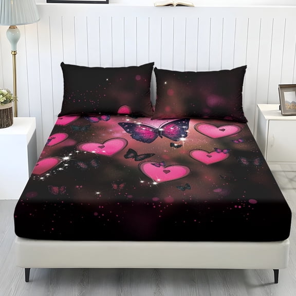 COEQINE Bed Sheets Set 3 Piece Full Size Bedding Sheet Set, Comfy Easy Care Non-Slip Bedsheet & Pillowcases for Full Size Bed for Women for Valentine's Day Decor, Pink Butterfly Heart