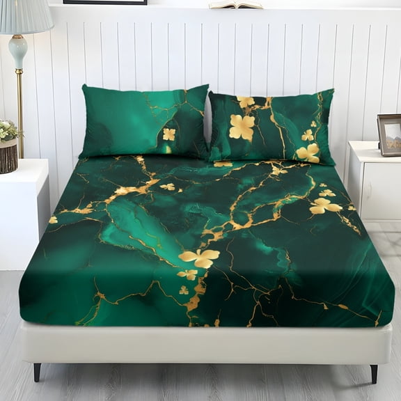 COEQINE Bed Sheets Set 3 Piece King Size Bedding Sheet Set, Comfy Easy Care Non-Slip Bedsheet & Pillowcases for King Size Bed for St. Patrick's Day Decor, Gold Clover Green Marble