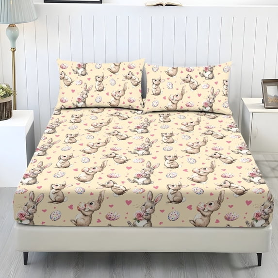 COEQINE Bed Sheets Set 3 Piece King Size Bedding Sheet Set, Comfy Easy Care Non-Slip Bedsheet & Pillowcases for King Size Bed for Women Men, Easter Bunny Egg Heart Yellow