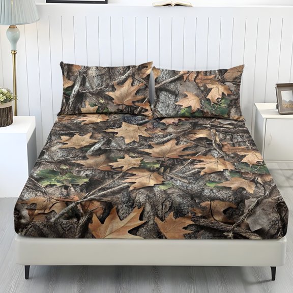 COEQINE Bed Sheets Set 3 Piece Queen Size Bedding Sheet Set, Comfy Easy Care Non-Slip Bedsheet & Pillowcases for Queen Size Bed for Women Men, Fallen Leaves Camouflage Hunting