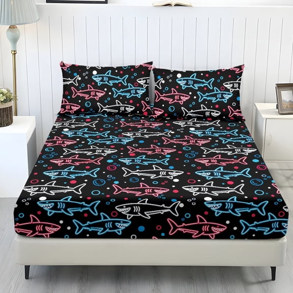COEQINE Bed Sheets Set 3 Piece Queen Size Bedding Sheet Set, Comfy Easy Care Non-Slip Bedsheet & Pillowcases for Queen Size Bed for Women Men, Neon Shark Bubble