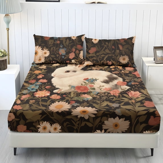 COEQINE Bed Sheets Set 3 Piece Queen Size Bedding Sheet Set, Comfy Easy Care Non-Slip Bedsheet & Pillowcases for Queen Size Bed for Women Men, Retro White Rabbit Floral