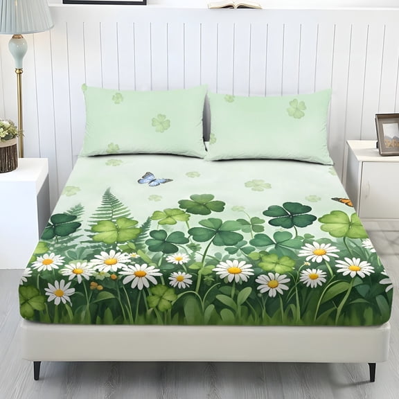 COEQINE Bed Sheets Set 3 Piece Twin Size Bedding Sheet Set, Comfort Easy Care Long Lasting Bedsheet & Pillowcases for Twin Size Bed for St. Patrick's Day Decor, Green Clover Daisy Butterfly