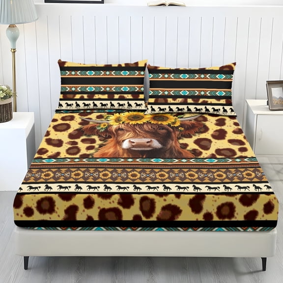 COEQINE Bed Sheets Set 3 Piece Twin Size Bedding Sheet Set, Comfort Easy Care Long Lasting Bedsheet & Pillowcases for Twin Size Bed for Women, American Tribal Highland Cow Leopard Print
