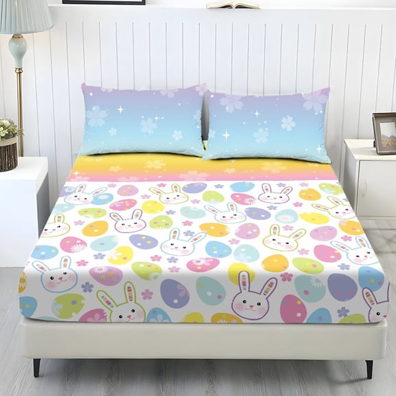 COEQINE Bed Sheets Set 3 Piece Twin Size Bedding Sheet Set, Comfort Easy Care Long Lasting Bedsheet & Pillowcases for Twin Size Bed for Women, Easter Bunny Egg Cherry Blossom