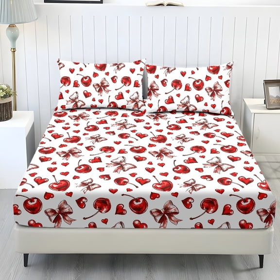 COEQINE Bed Sheets Set 3 Piece Twin Size Bedding Sheet Set, Comfort Easy Care Long Lasting Bedsheet & Pillowcases for Twin Size Bed for Women for Valentine's Day Decor, Red Cherry Bow Heart