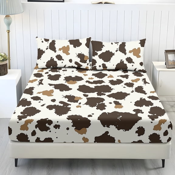 COEQINE Bed Sheets Set 3 Piece Twin Size Bedding Sheet Set, Comfy Easy Care Non-Slip Bedsheet & Pillowcases for Twin Size Bed for Women Men, Khaki Cow Print