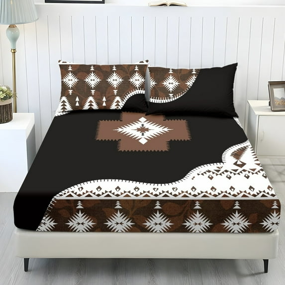 COEQINE Bed Sheets Set 3 Piece Twin XL Size Bedding Sheet Set, Comfort Easy Care Long Lasting Bedsheet & Pillowcases for Twin XL Size Bed for Women, Southwest American Tribal Black Brown