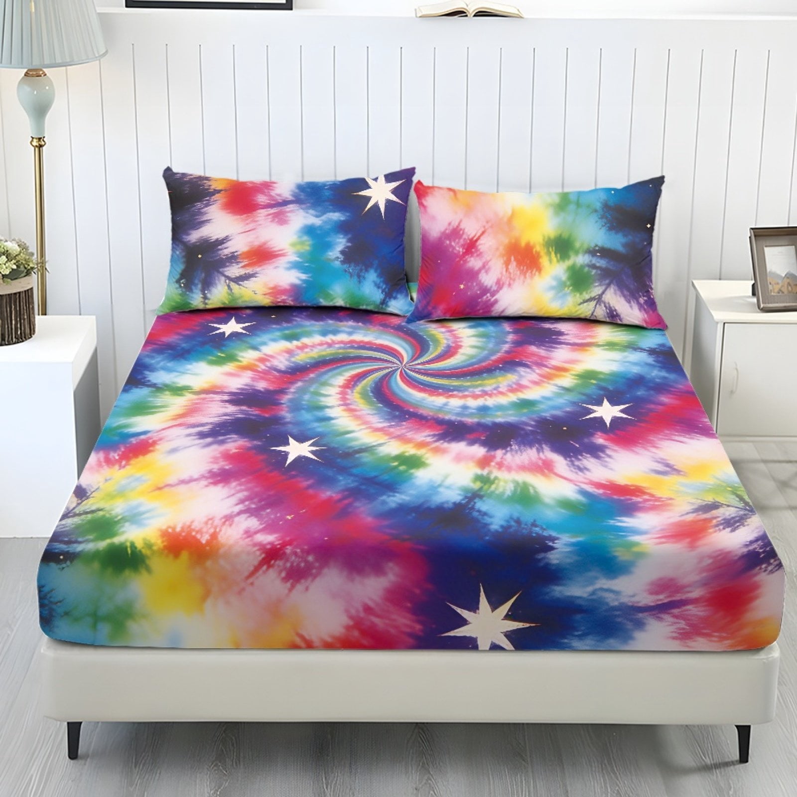 COEQINE Bed Sheets Set 3 Piece Twin XL Size Bedding Sheet Set, Comfy Easy Care Non-Slip Bedsheet & Pillowcases for Twin XL Size Bed for Women Men, Colorful Tie-dye Swirl Star