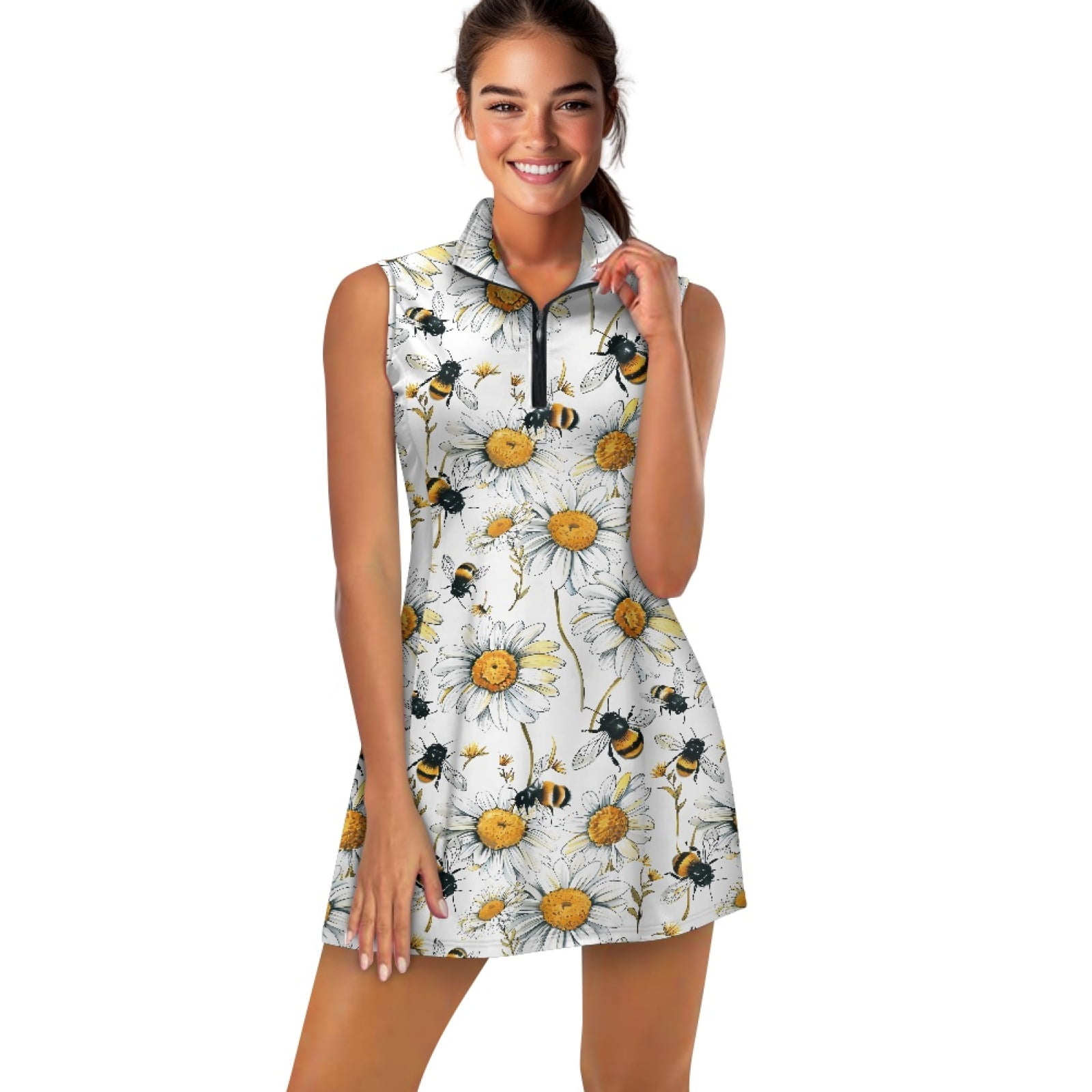 COEQINE Bee and Daisy Floral White Print Tennis Dress for Women Quick Dry Elastic Sports Dresses with Shorts 2 Pockets Sleeveless 2 Piece Set Golf Outfits with Collared Design, L