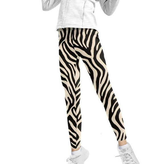 COEQINE Beige Zebra Print Girls Yoga Leggings Pants Full Length Athletic Trousers High Waist Tummy Control, for 10-11 Years Kids Girls