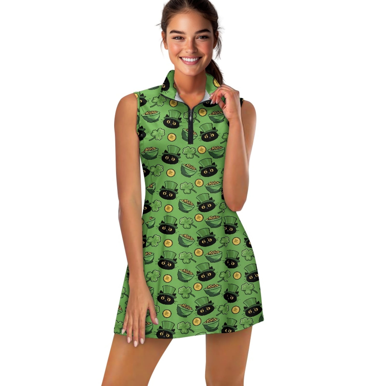 COEQINE Black Cat Hat Shamrock Gold Coin Print Golf Dresses for Women Sleeveless Stand Collar Athletic Dresses for St. Patrick's Day Zip Up 2 Pieces Tennis Outfits with Shorts 2 Pockets, XS