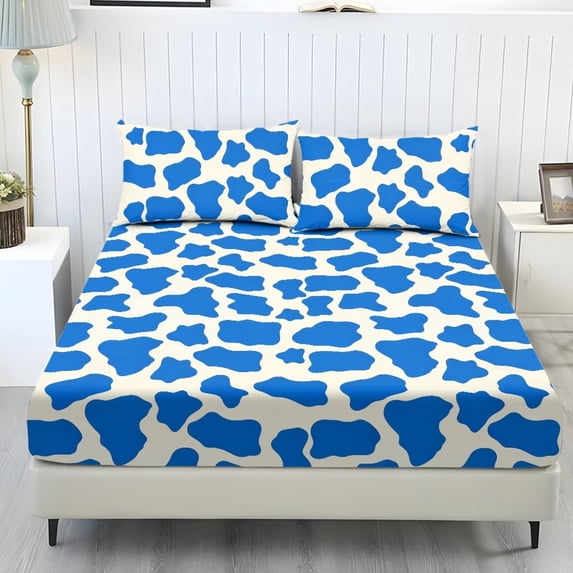 COEQINE Blue Cow Print Queen Sheet Set 3 Pieces Bed Sheets Set, Soft Breathable Easy Care Bedding Set All Season Long Lasting Bottom Bedsheet for Queen Size Bed