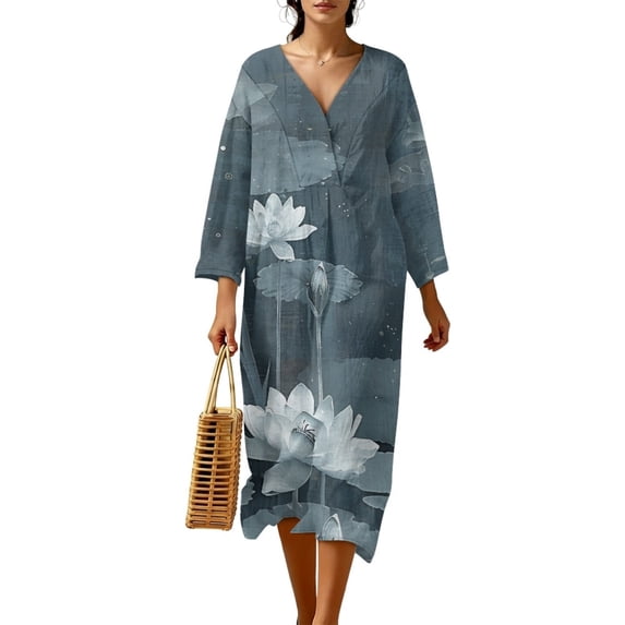 COEQINE Bohemian Asian 3/4 Sleeve Wrap Dress for Women, Oriental Zen Style Midi Tunic Loose Fit Dress with Linen Feel Casual Sundress, Modest Easy Wash & Wear, Size M, Grey Blue Lotus