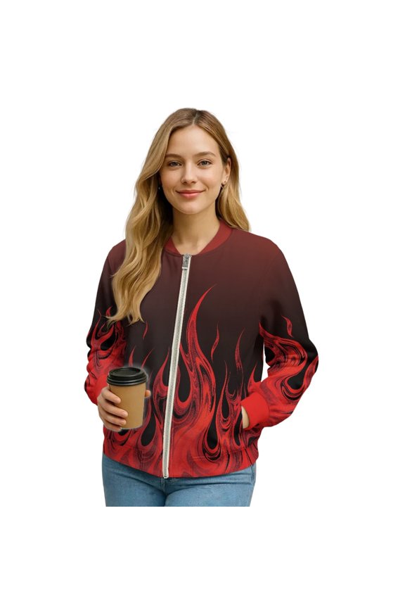 Bomber Jacket for Women 2025 Lightweight Trendy Motorcycle Jackets Zip-Up Cropped Coats with Pockets, Varsity Shacket Coats Fall Winter Clothes, Medium, Red Fire Flame